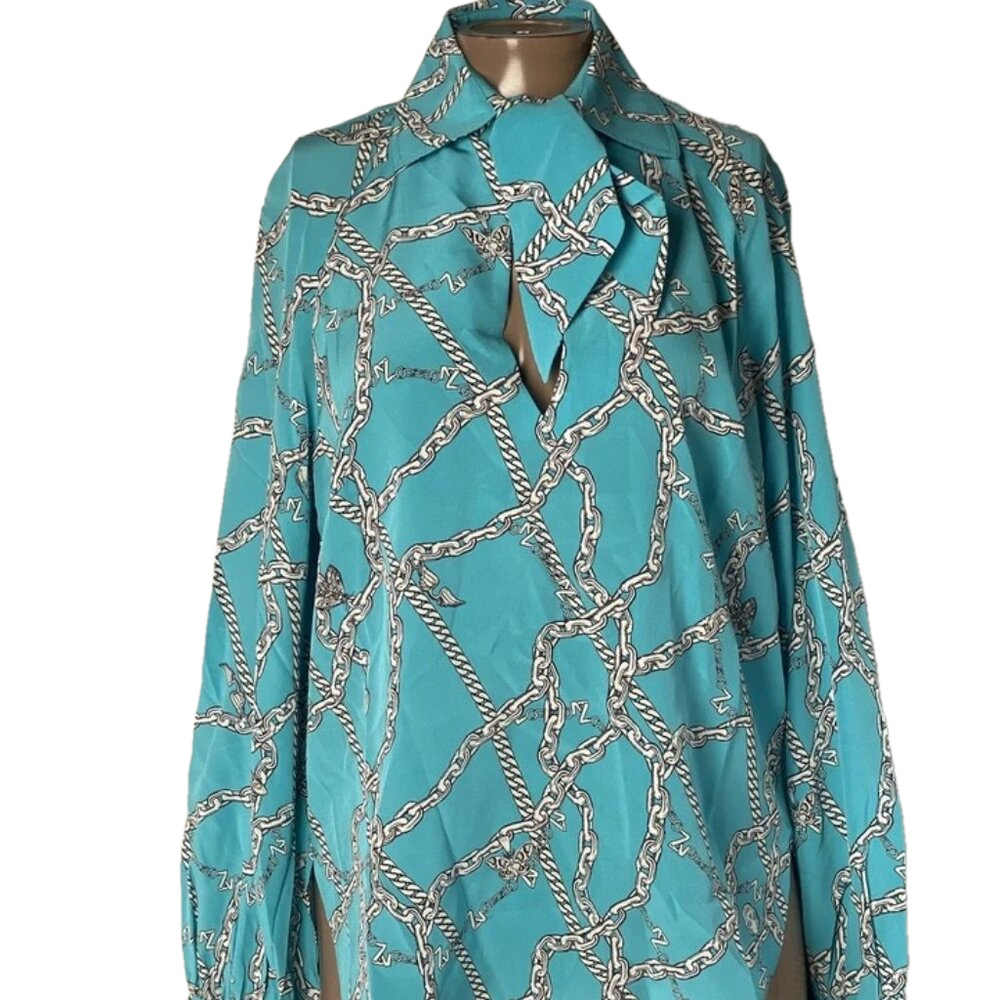 New Zadig & Voltaire Womens Top Aqua Blue Size M Tuile Chaines Blouse Silk Vneck